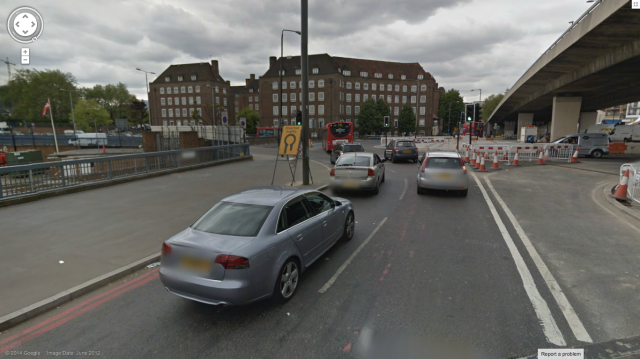 Westbound at Bow roundabout, 2012. Courtesy of Google Streetview