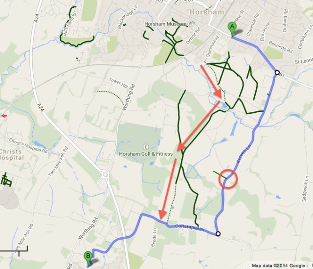 In context, again. The blue line is the 'road' route, with the collision site circled in red. The 'muddy' route is outlined by the red arrows.