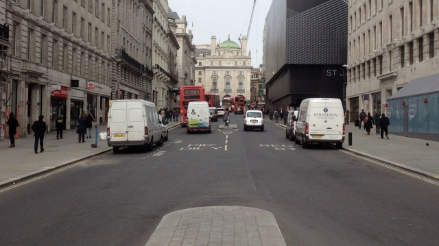 Midday on Regents Street. While cycling might become more visible on these kinds of streets at peak times, it is essentially completely absent during the day